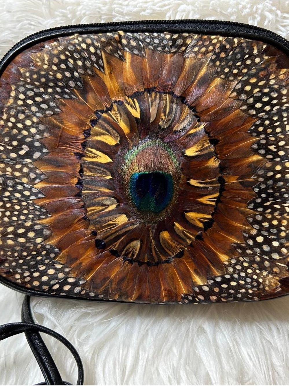 Boho Feather Crossbody Bag in Brown Peacock Print